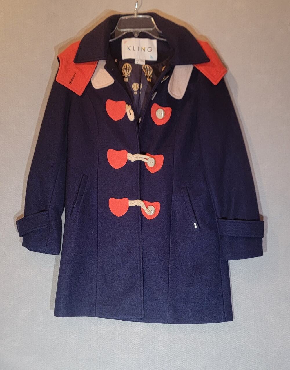 Kling Spain Navy Blue Red Wool Blend Toggle Removable Hood Coat Large